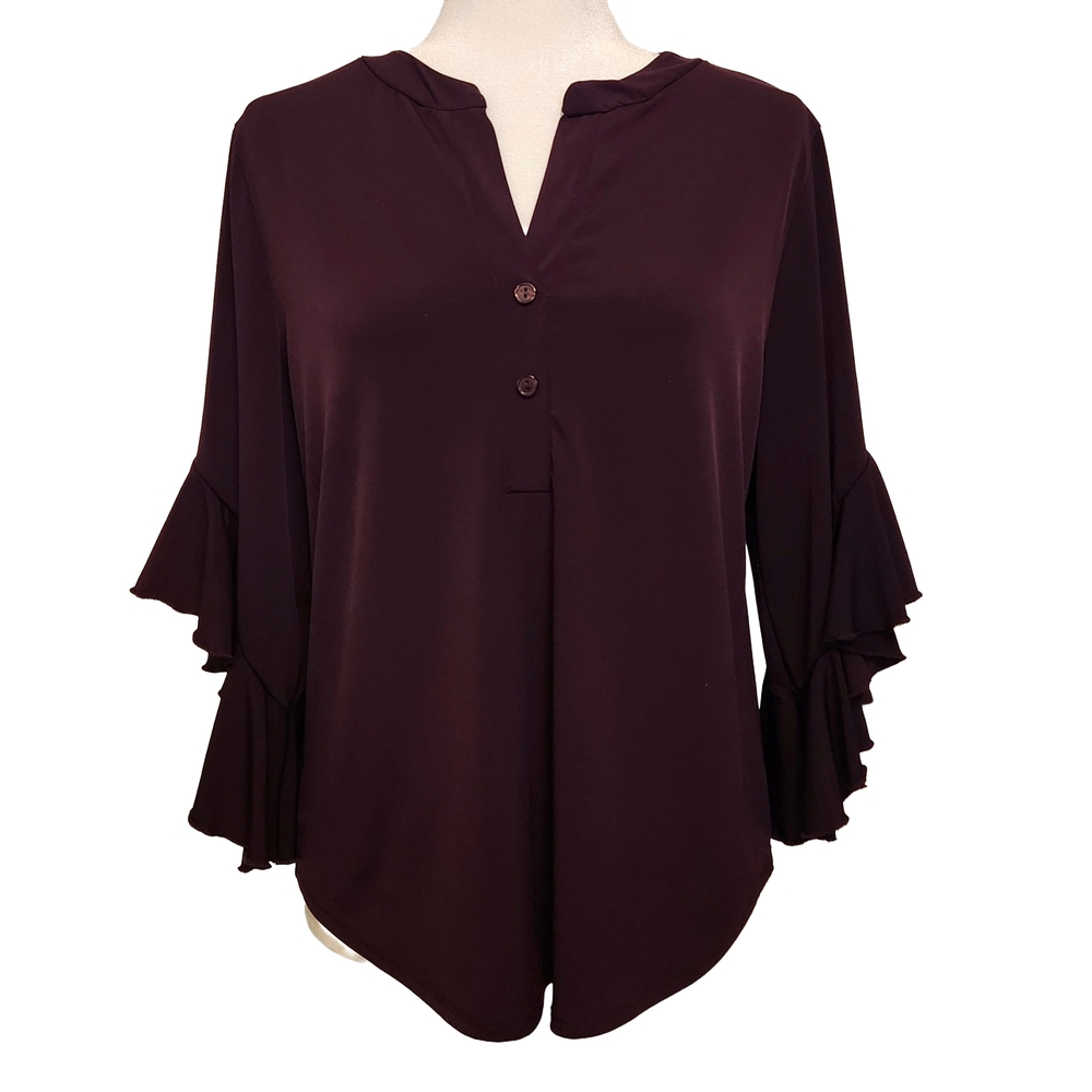 Espresso V-neck Plum Purple Blouse with 3/4 Ruffle Sleeves
